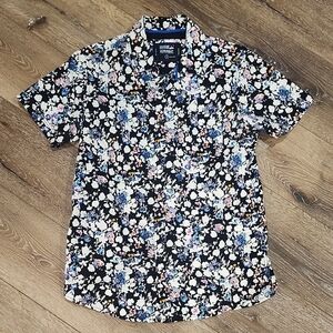 Monument Mens Floral Blue Black Button Down Short Sleeve Streetwear Small Tropic